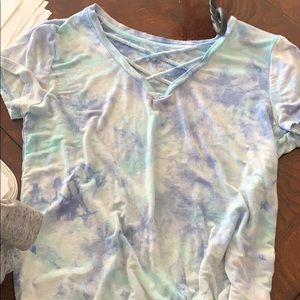Blue tie dye flowy shirt with lace up v neck line